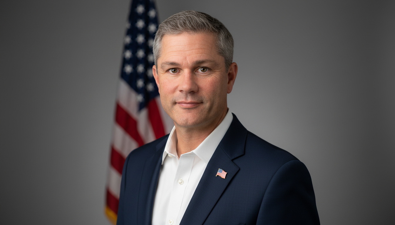 Professional headshot with navy blazer and American flag