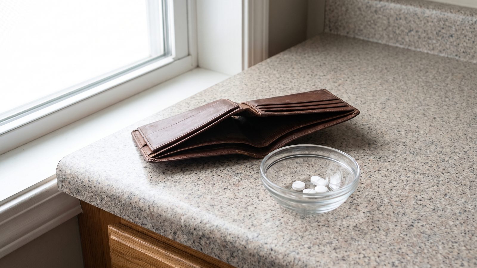 An open, empty brown leather wallet beside a small glass dish of white pills on a kitchen counter by a window