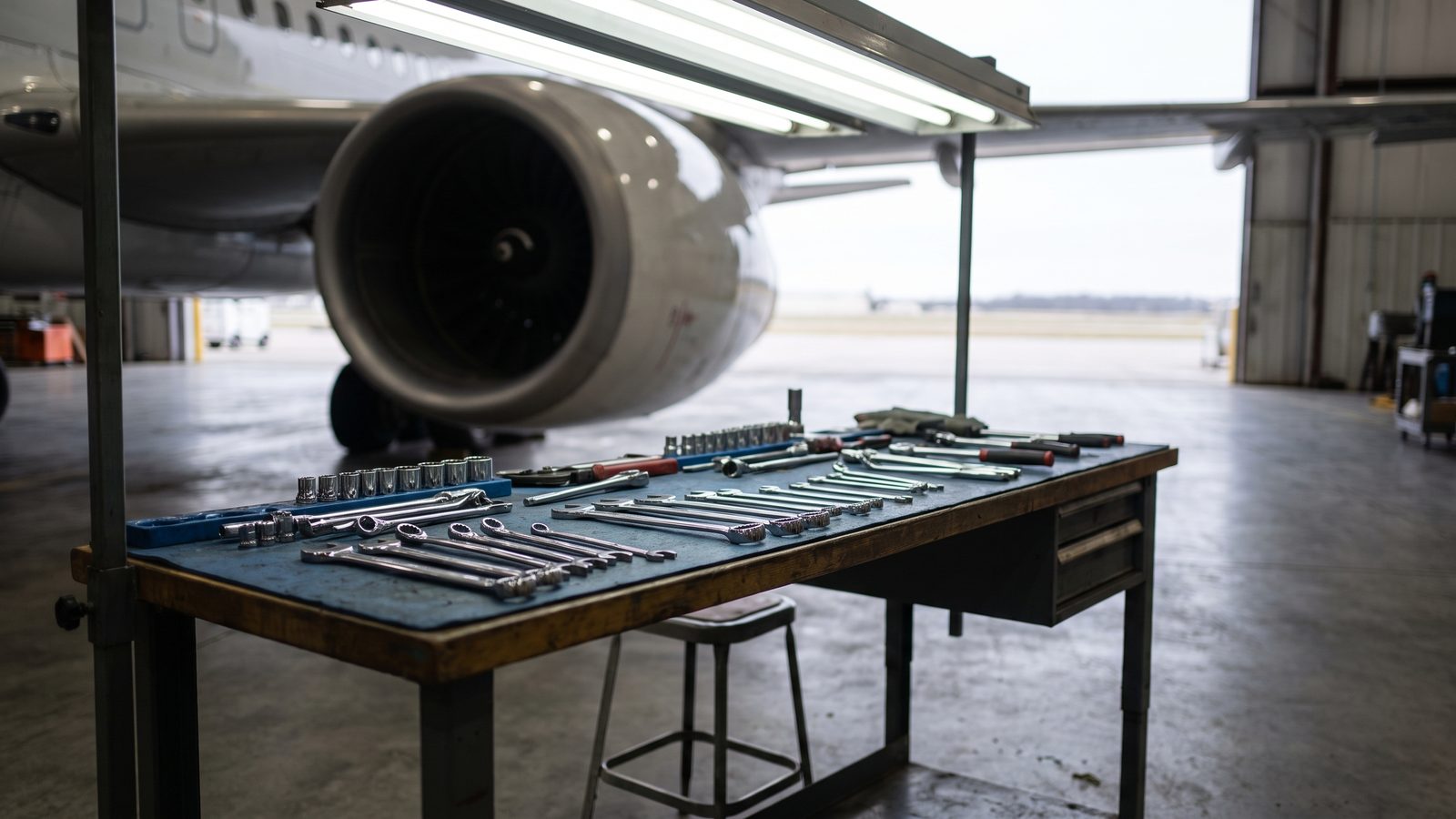 An empty civilian technician's workbench with wrenches laid out inside an aircraft maintenance hangar, a jet engine blurred behind it.