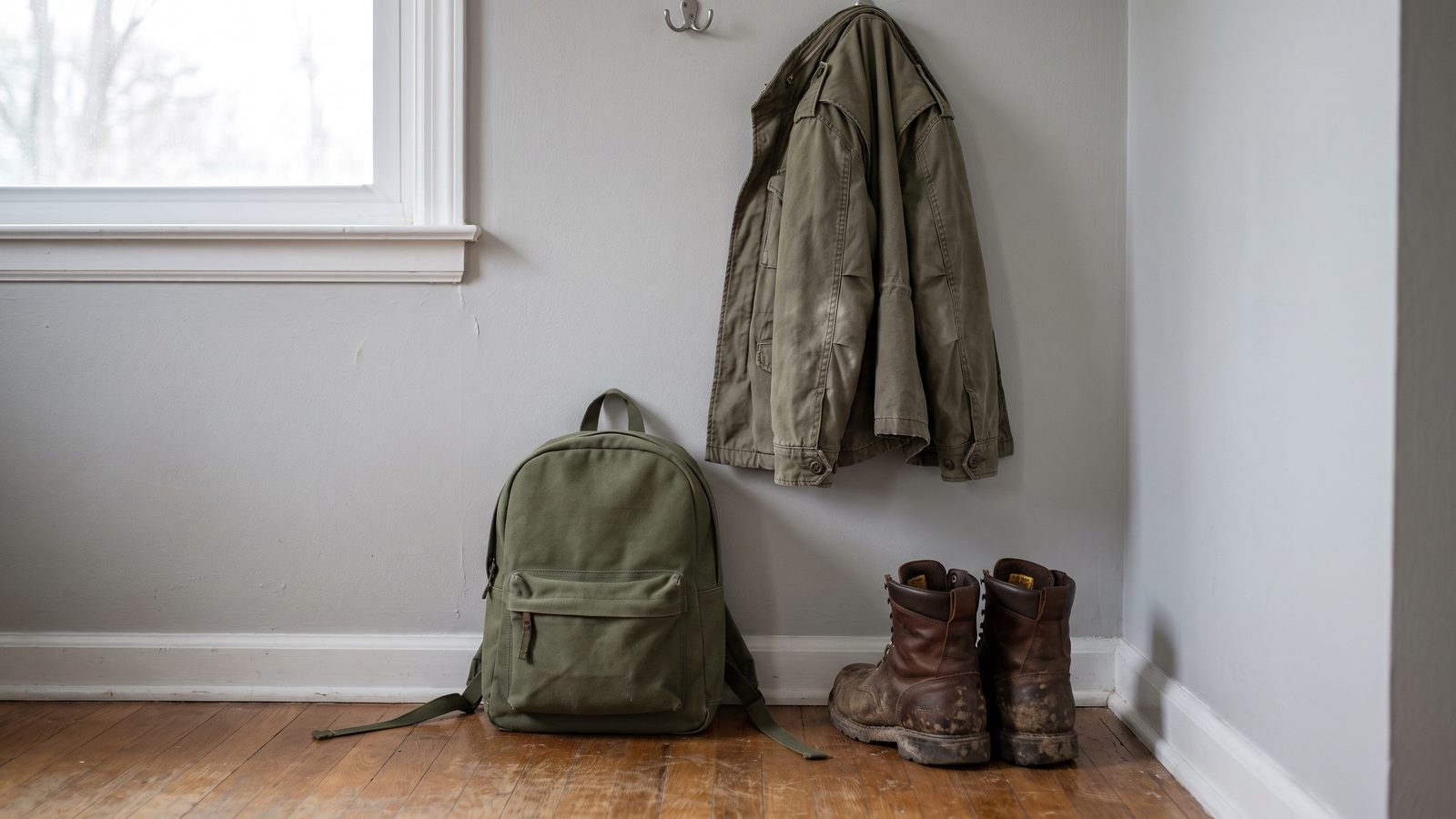 An olive field jacket on a wall hook above a green canvas backpack and a pair of muddy work boots by a window