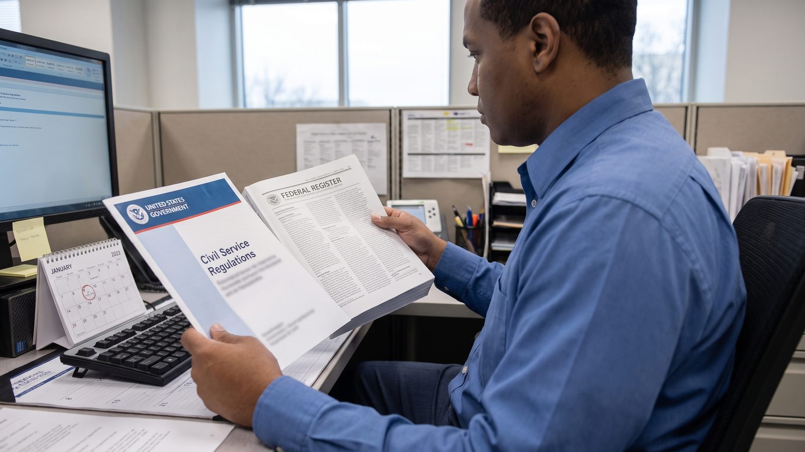 A federal employee reviews the Civil Service Regulations booklet beside a Federal Register printout at an office desk