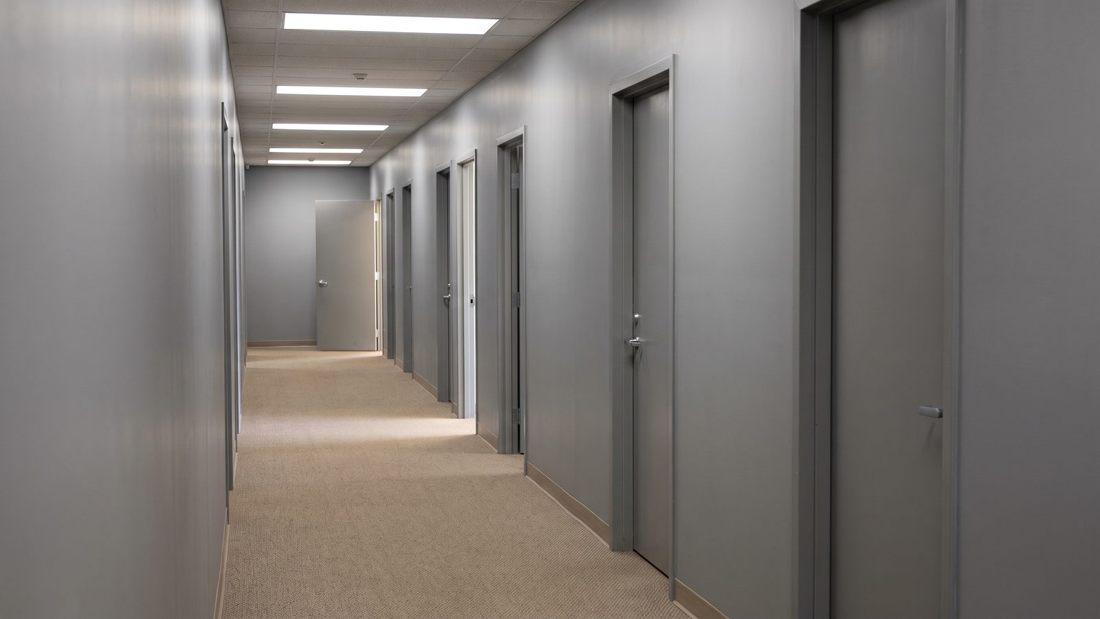 A long government office corridor of identical closed gray doors under fluorescent light, one door at the far end standing open.