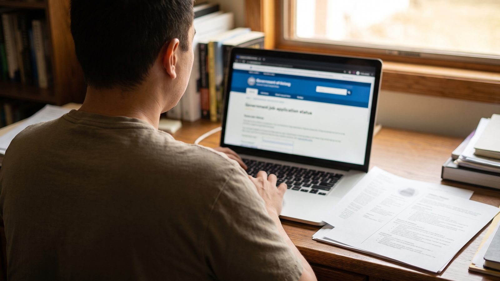 A job applicant seen from behind reviews a government job application status page on a laptop beside printed resume pages at a home desk