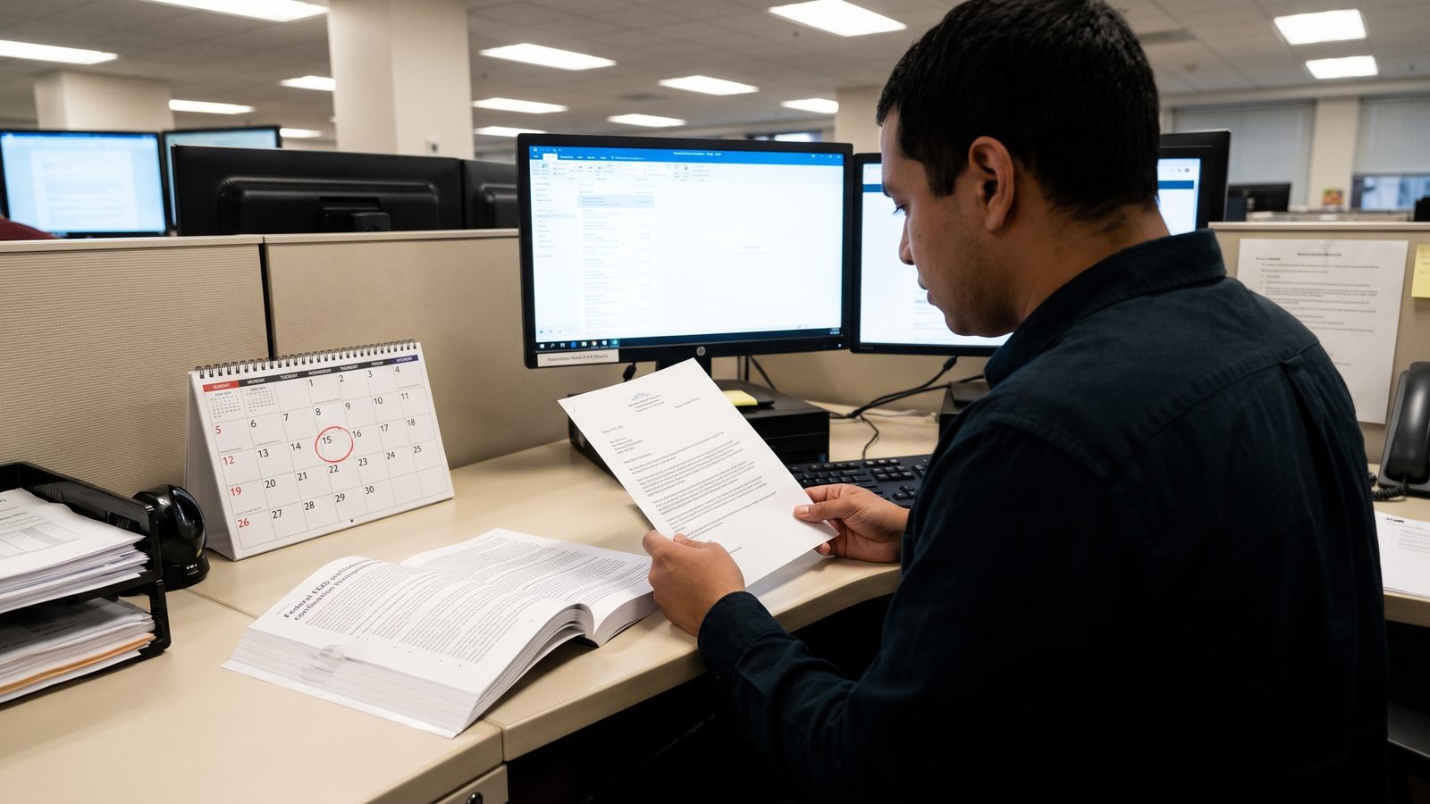 A federal employee at a cubicle desk reads a printed notification letter beside an open regulations binder and a desk calendar