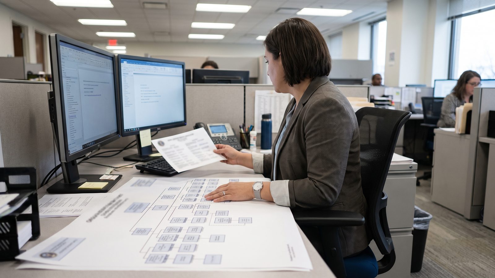 A federal HR analyst reviews an agency organization chart and position classification documents at her desk