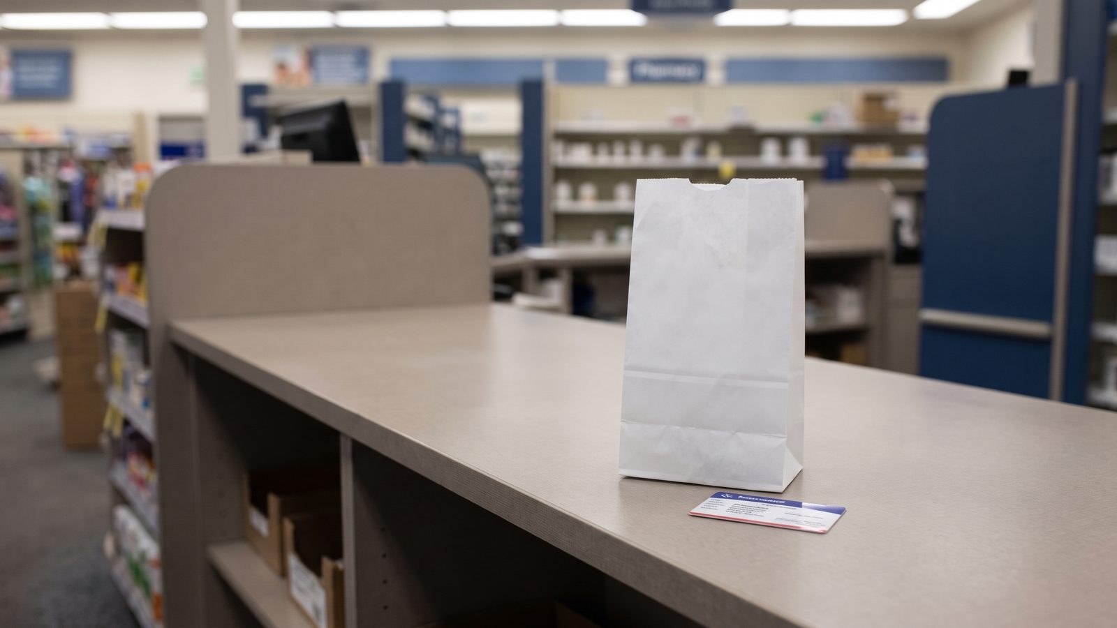 A white prescription bag and an insurance card on a pharmacy pickup counter