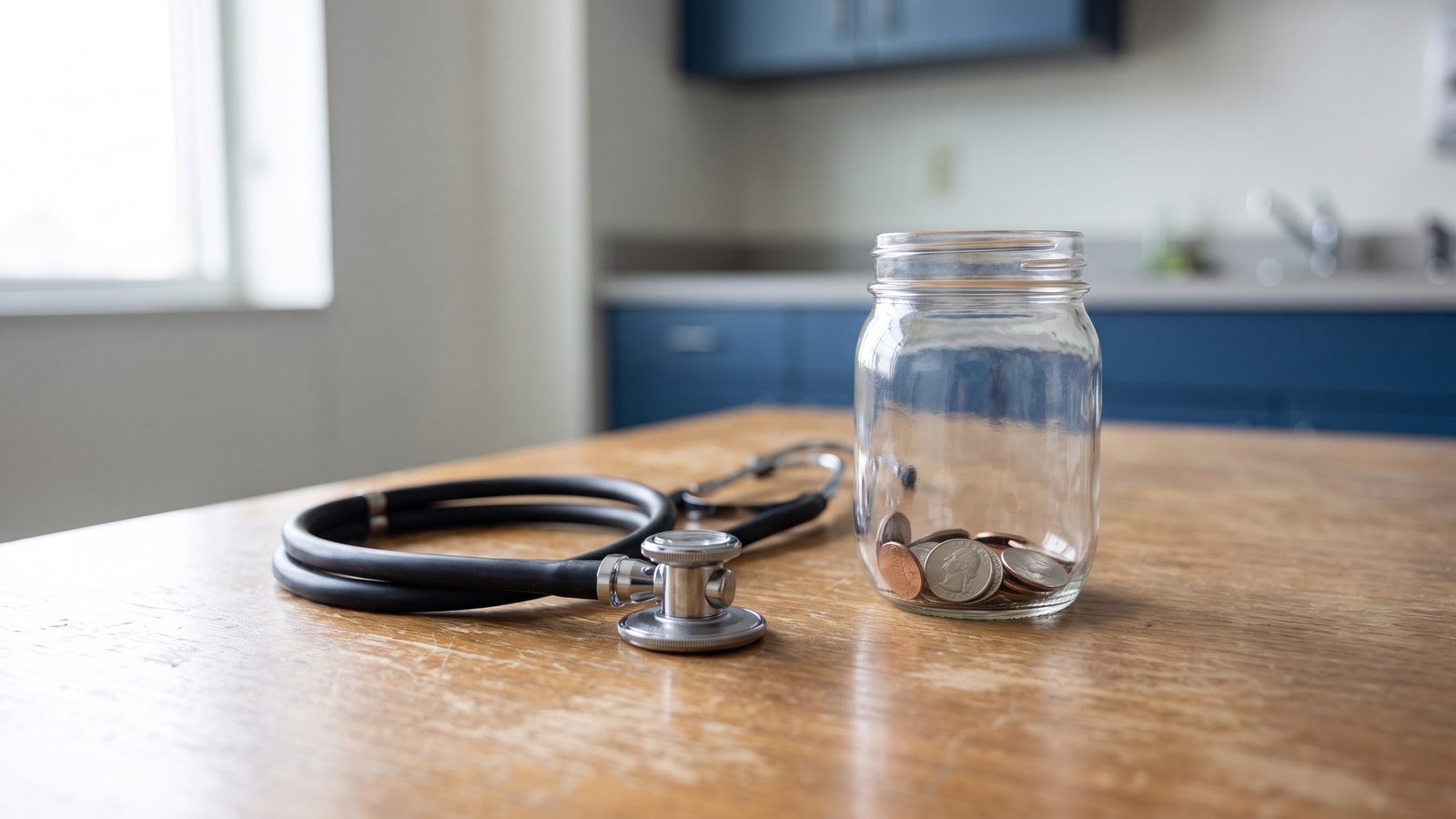 A stethoscope coiled on a wooden kitchen table beside a glass jar holding a few coins