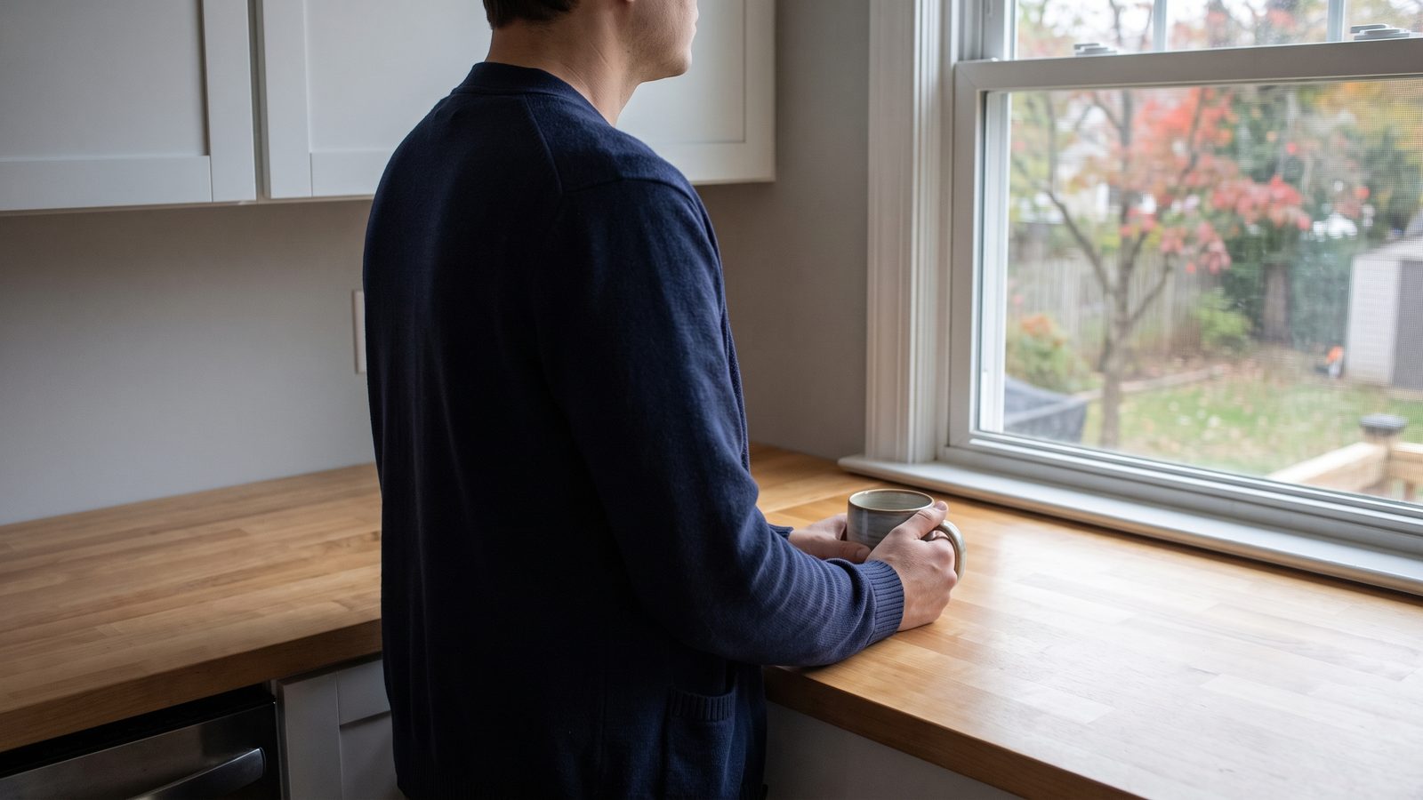 A federal employee in a cardigan stands at a kitchen counter holding a coffee mug, looking out the window at an early-autumn yard