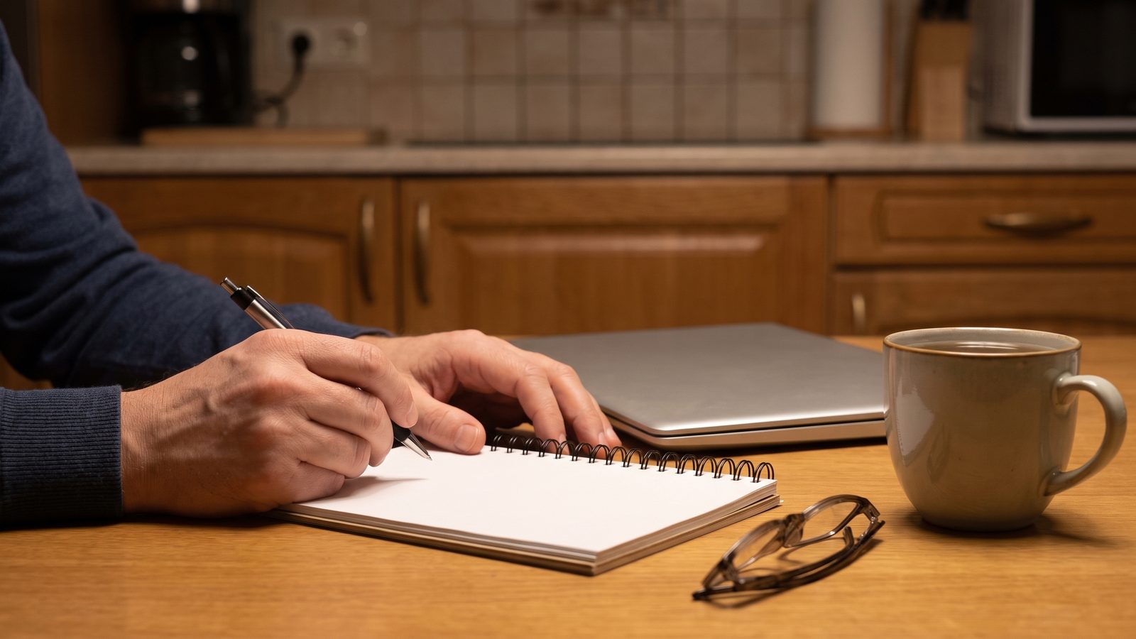 A federal employee's hands writing on a blank notepad at a kitchen table at night beside a closed laptop, reading glasses and a mug of tea.