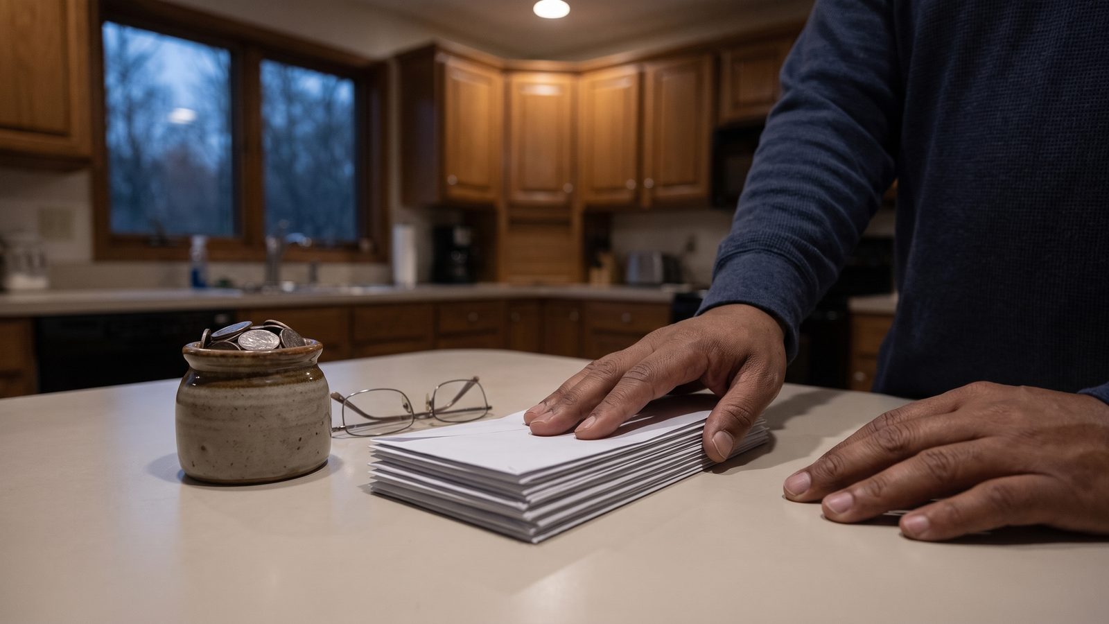 A person's hand rests on a stack of plain envelopes on a kitchen counter beside a jar of coins and reading glasses at dusk