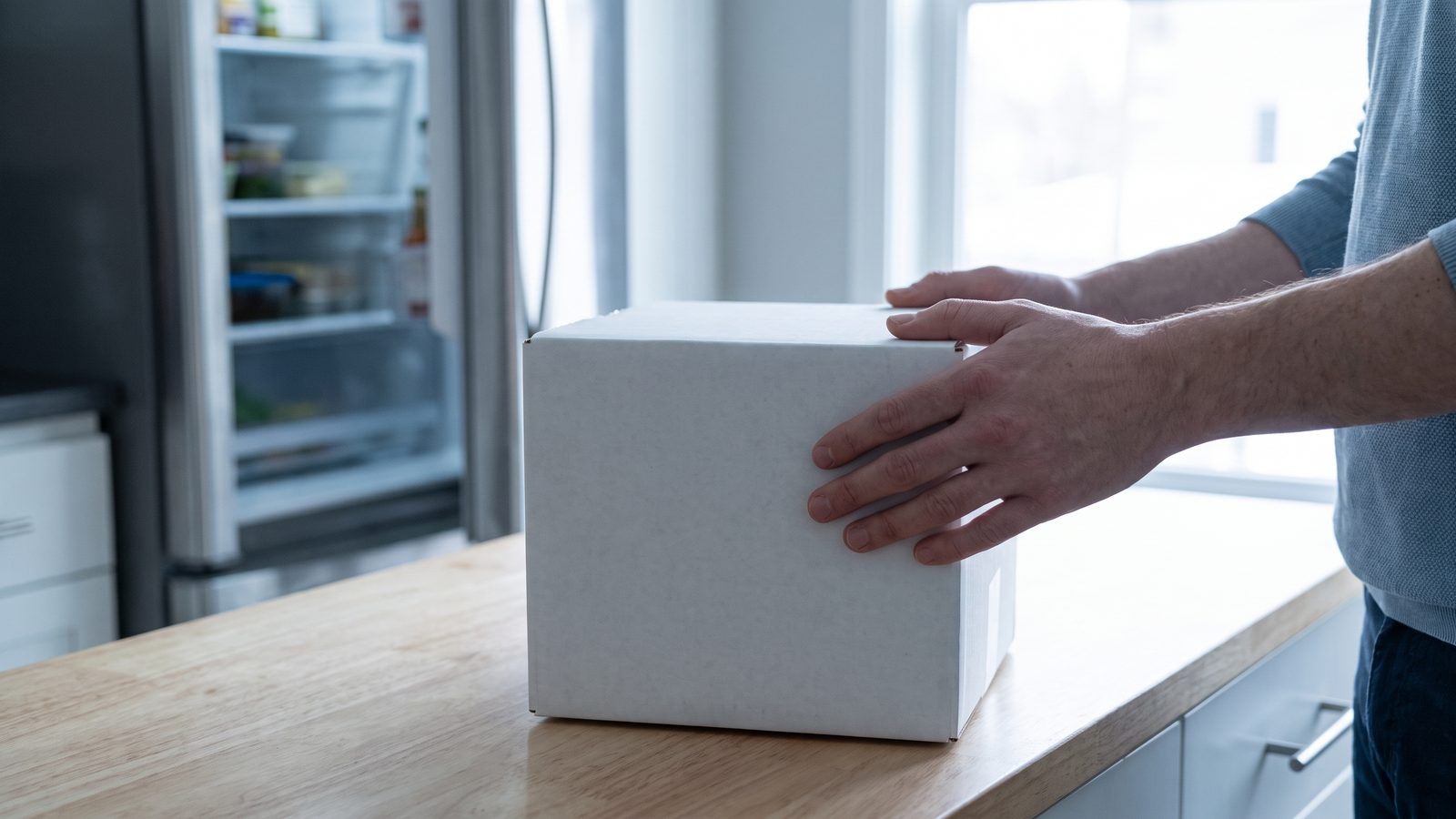 Hands resting on a plain white shipping box on a kitchen counter, a refrigerator open behind
