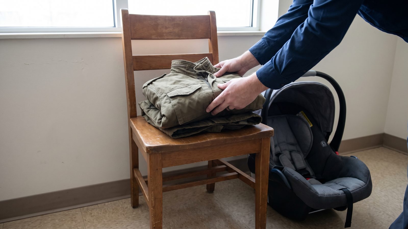 Hands setting a folded olive field jacket on a wooden chair beside an infant car seat by a window