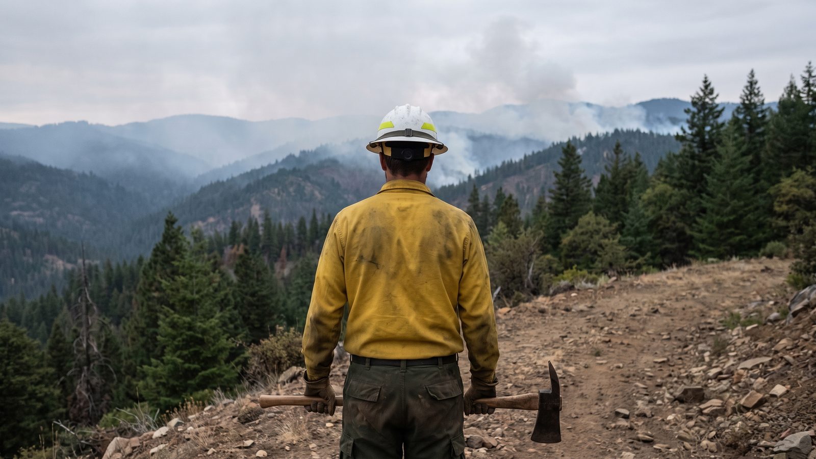 A wildland fire crew member in yellow shirt and helmet seen from behind on a dirt fireline looking toward distant smoke over forested ridges