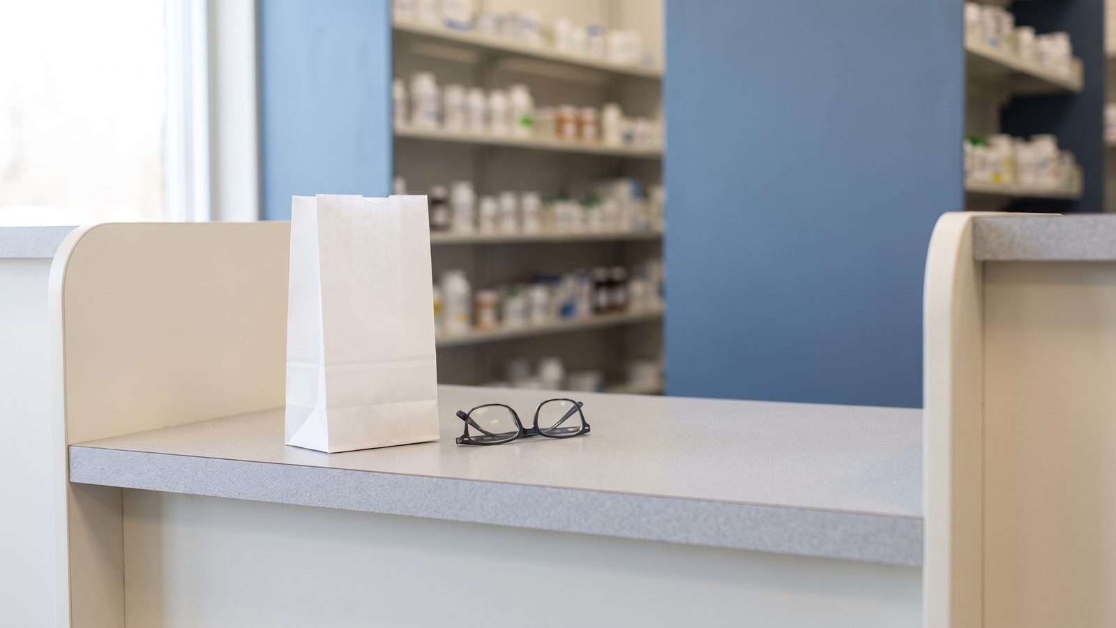 A white paper bag and a folded pair of eyeglasses on a pharmacy pickup counter, with shelves of medicine bottles behind