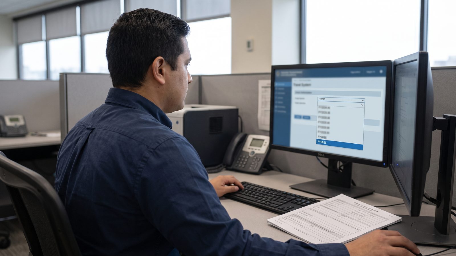 A federal employee at an office workstation selects a fiscal year in a travel authorization system with a printed travel form on the desk