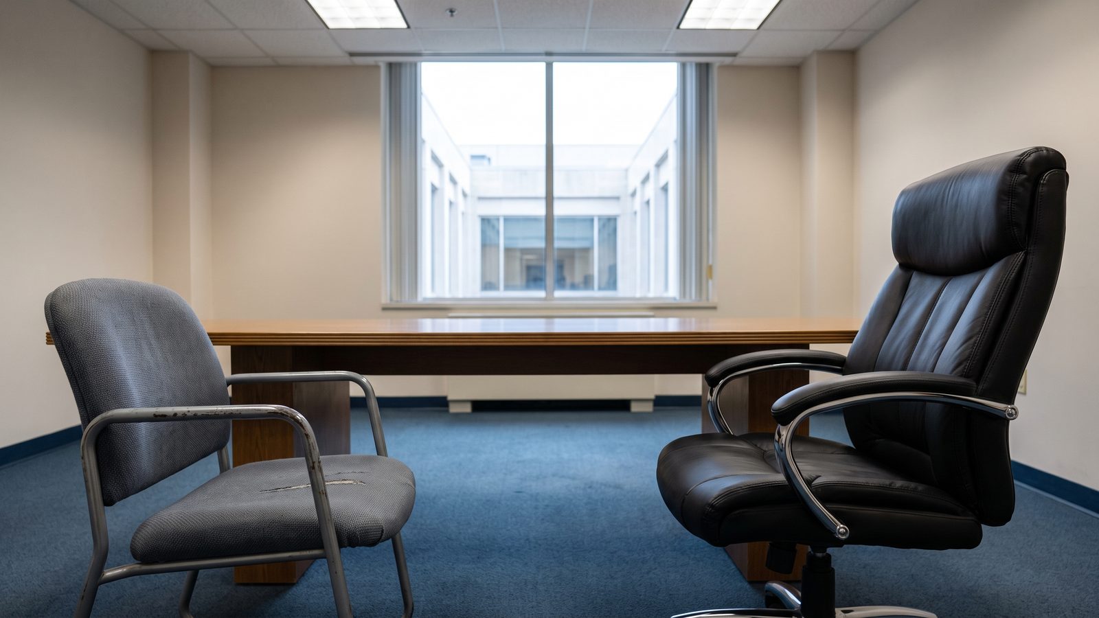 An empty federal conference room with a worn gray government-issue chair and a new black leather chair facing each other across a bare wooden table, a window onto a courtyard behind
