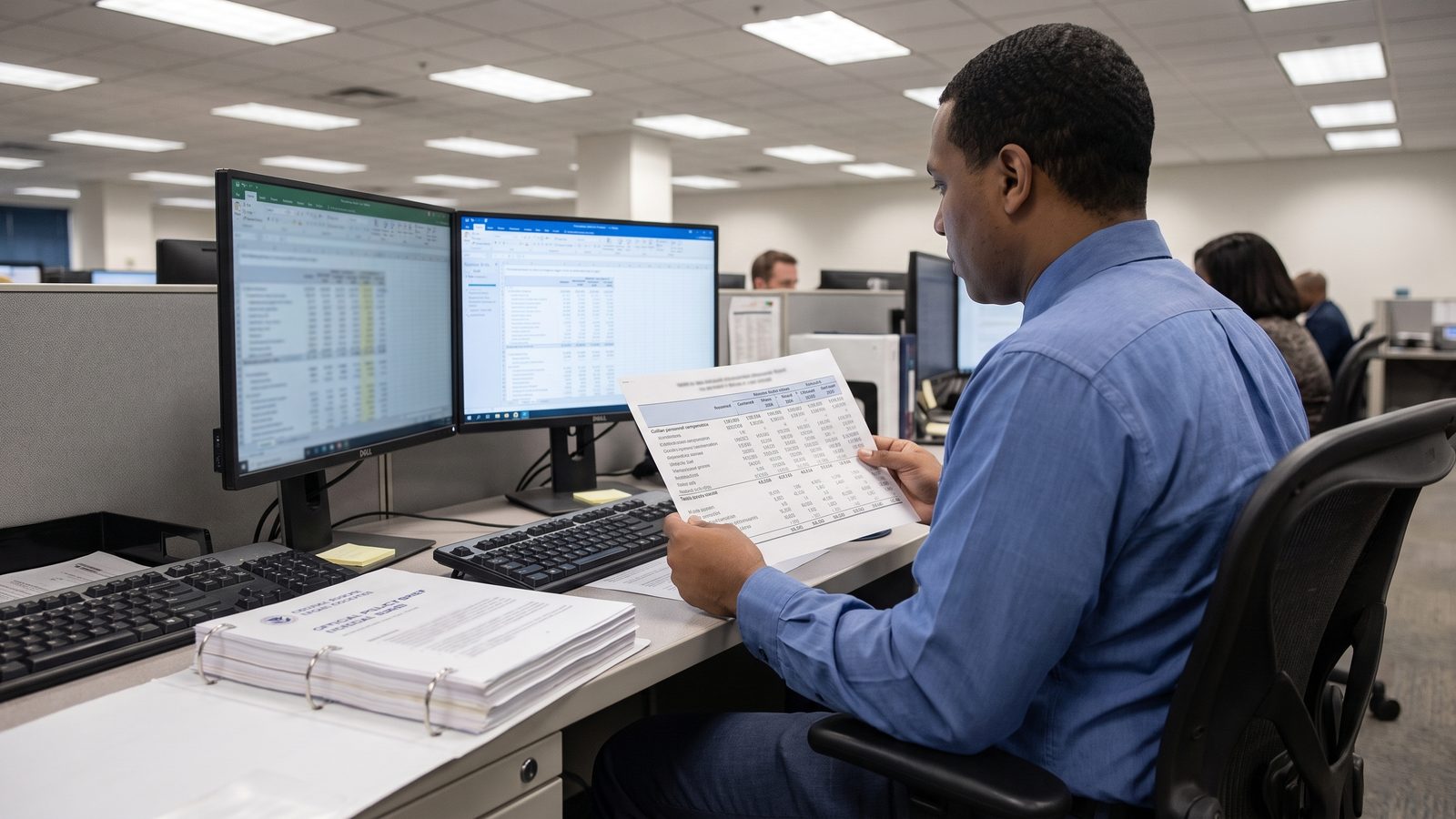 An analyst compares a printed pay table against spreadsheets on two office monitors