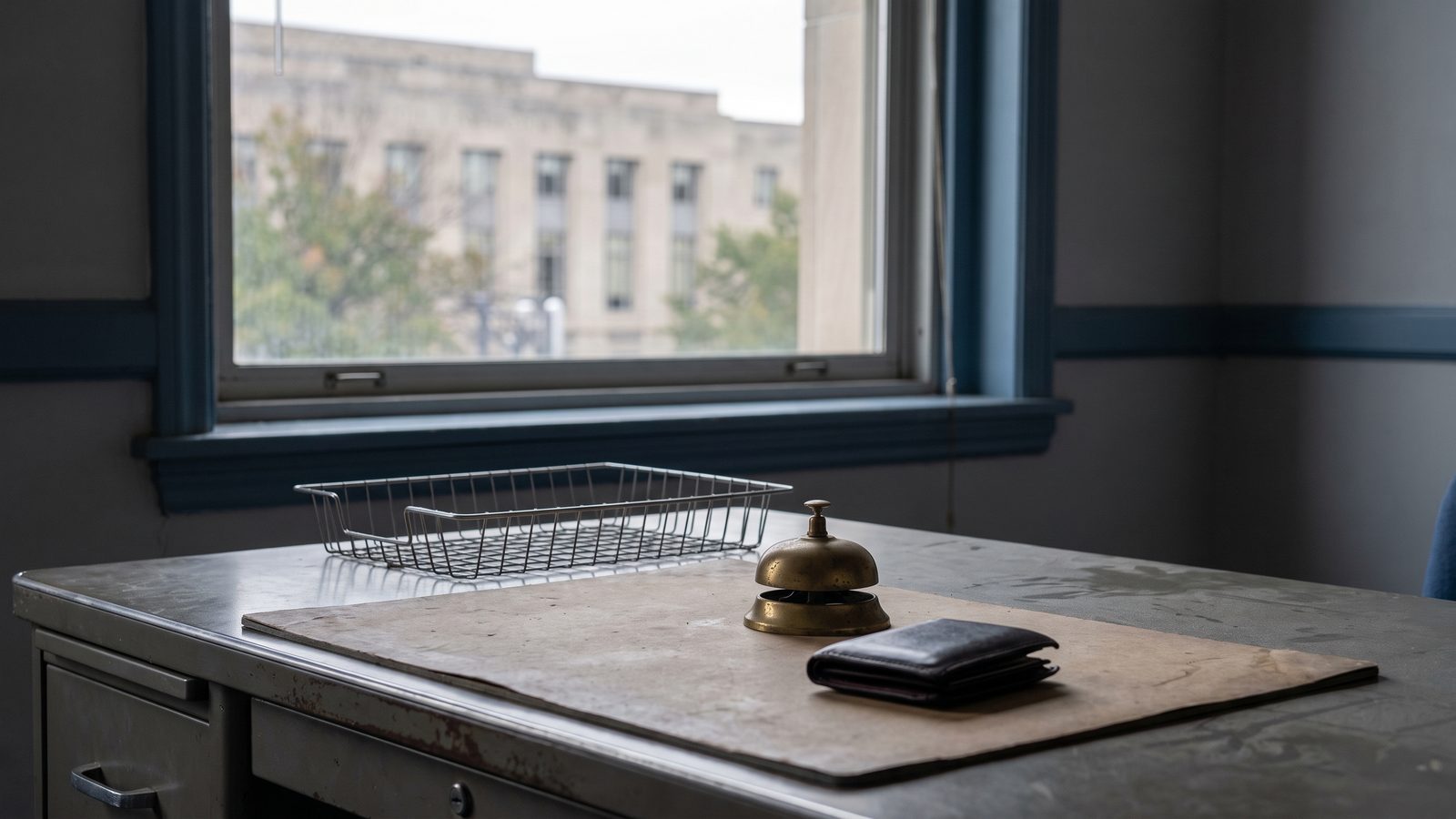 A steel government desk under a window with an empty wire in-tray, a brass desk bell and a closed leather wallet