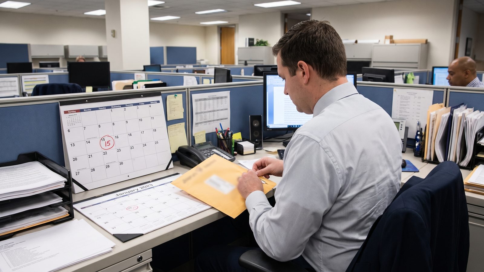 A federal employee holds a manila envelope beside wall and desk calendars with a filing deadline circled