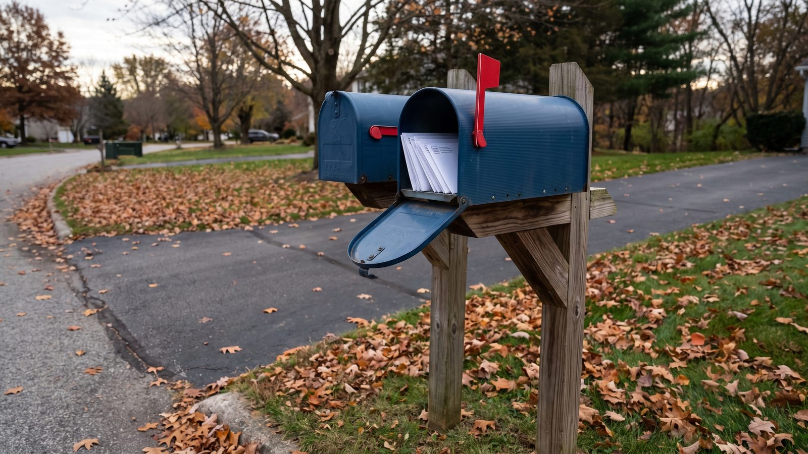 Two blue roadside mailboxes on a wooden post at the end of a suburban driveway in autumn, one red flag raised and envelopes visible in the open door of the nearer box