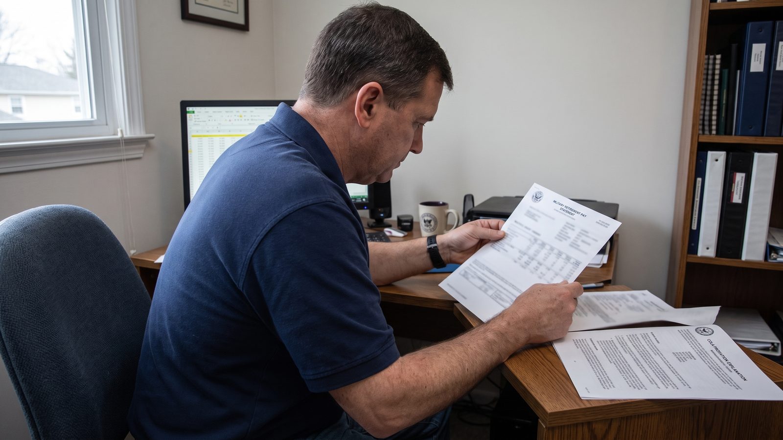 A retiree reviews a printed pay statement at a home office desk beside a monitor showing a spreadsheet