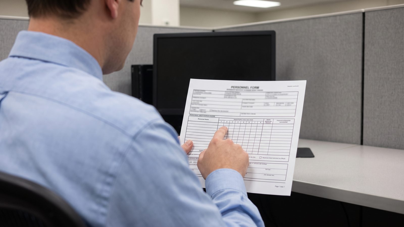 A federal employee seen from behind points to a block on a printed personnel form at an office cubicle desk
