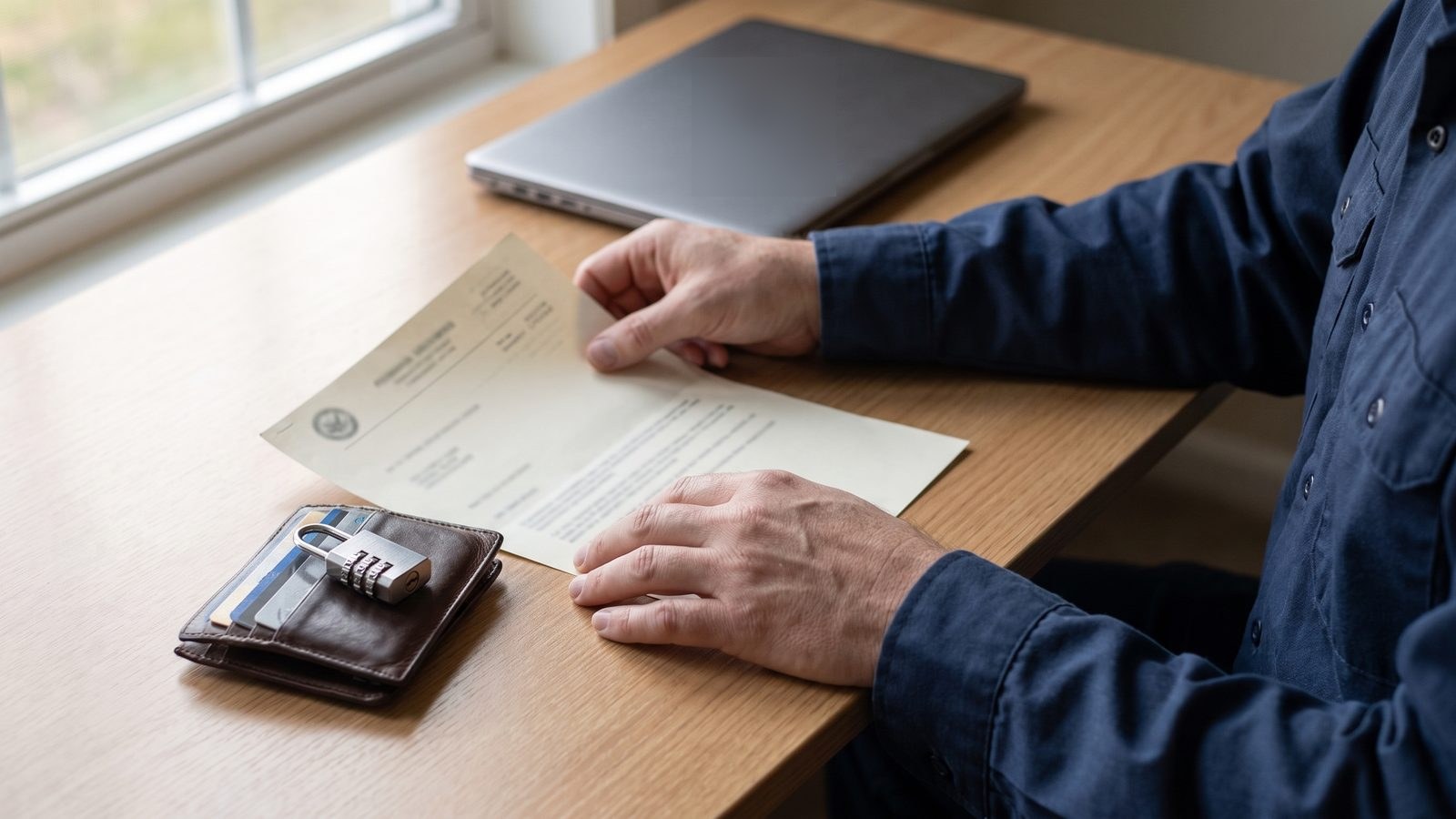 A man at a home desk holds a government notice letter beside a wallet of credit cards with a small combination padlock resting on top
