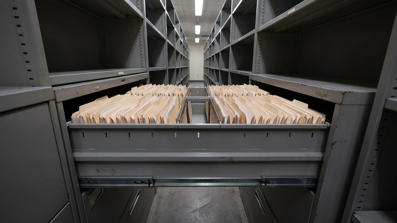 An open steel filing drawer full of blank manila folders in a federal records center aisle, one slot empty