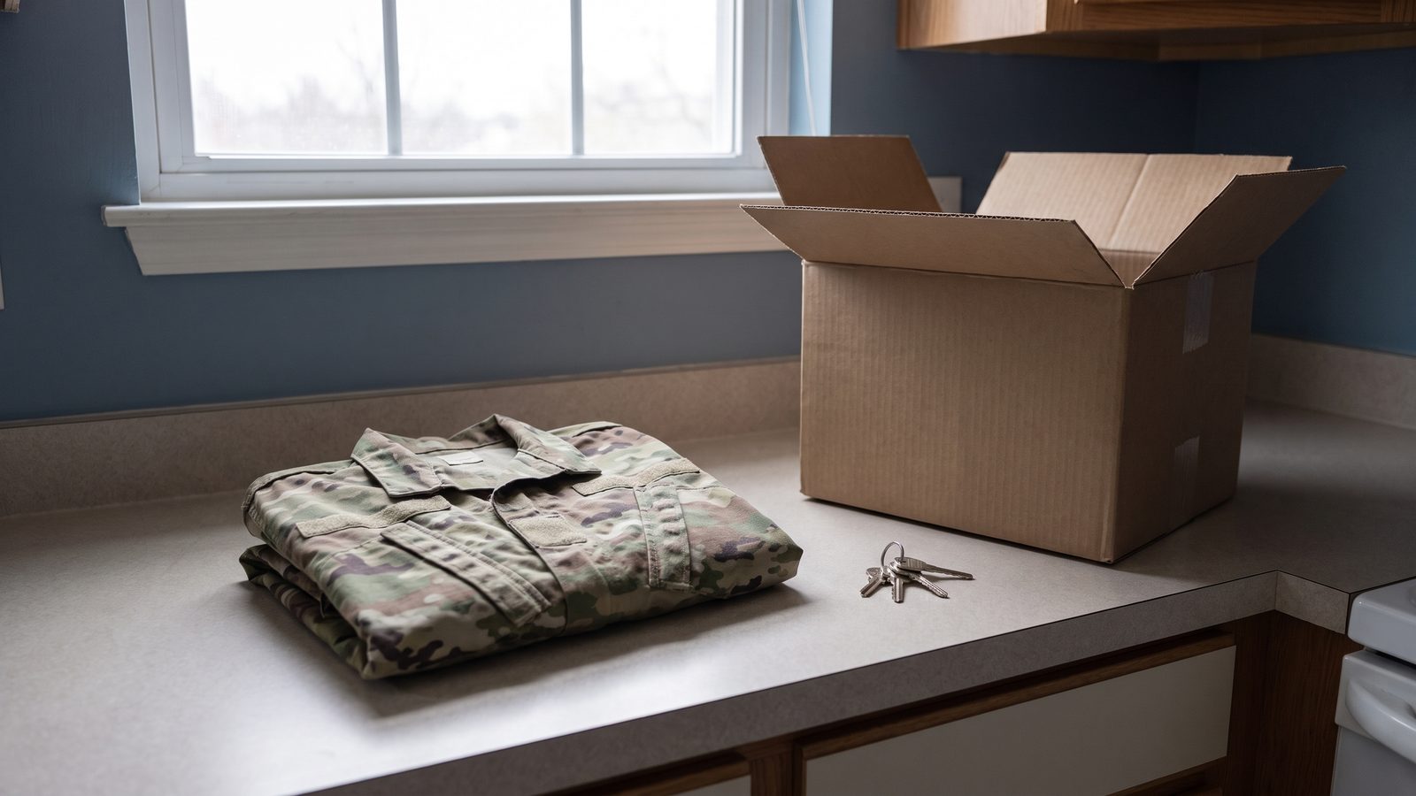 A folded camouflage uniform blouse beside a set of house keys and an open cardboard moving box on a kitchen counter.