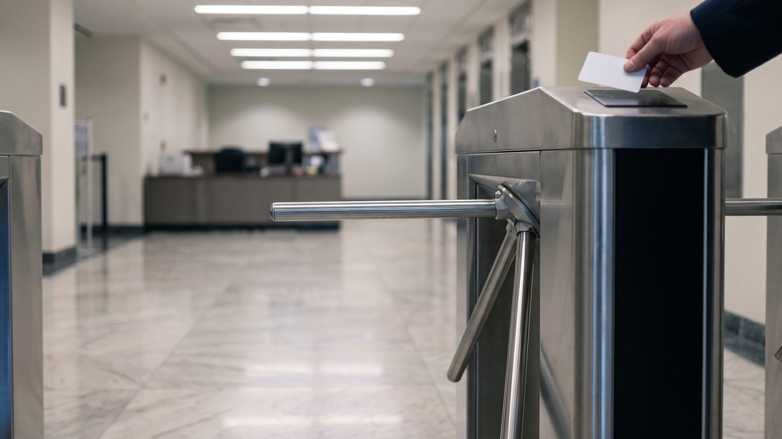 A hand holds a blank white access card to the reader of a lobby security turnstile in a federal office building, the guard desk blurred behind.