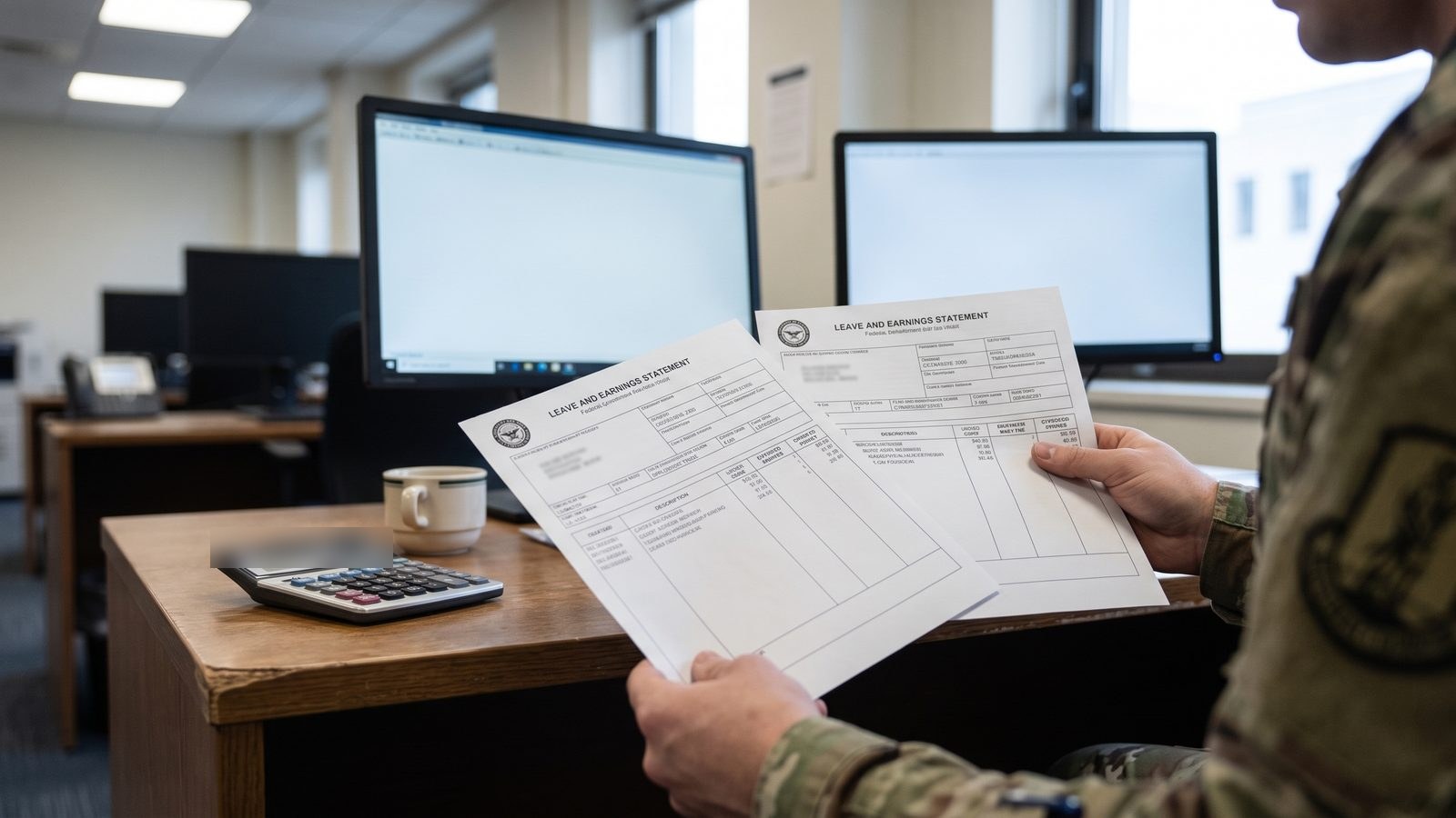A service member in uniform compares two printed leave and earnings statements in a government office