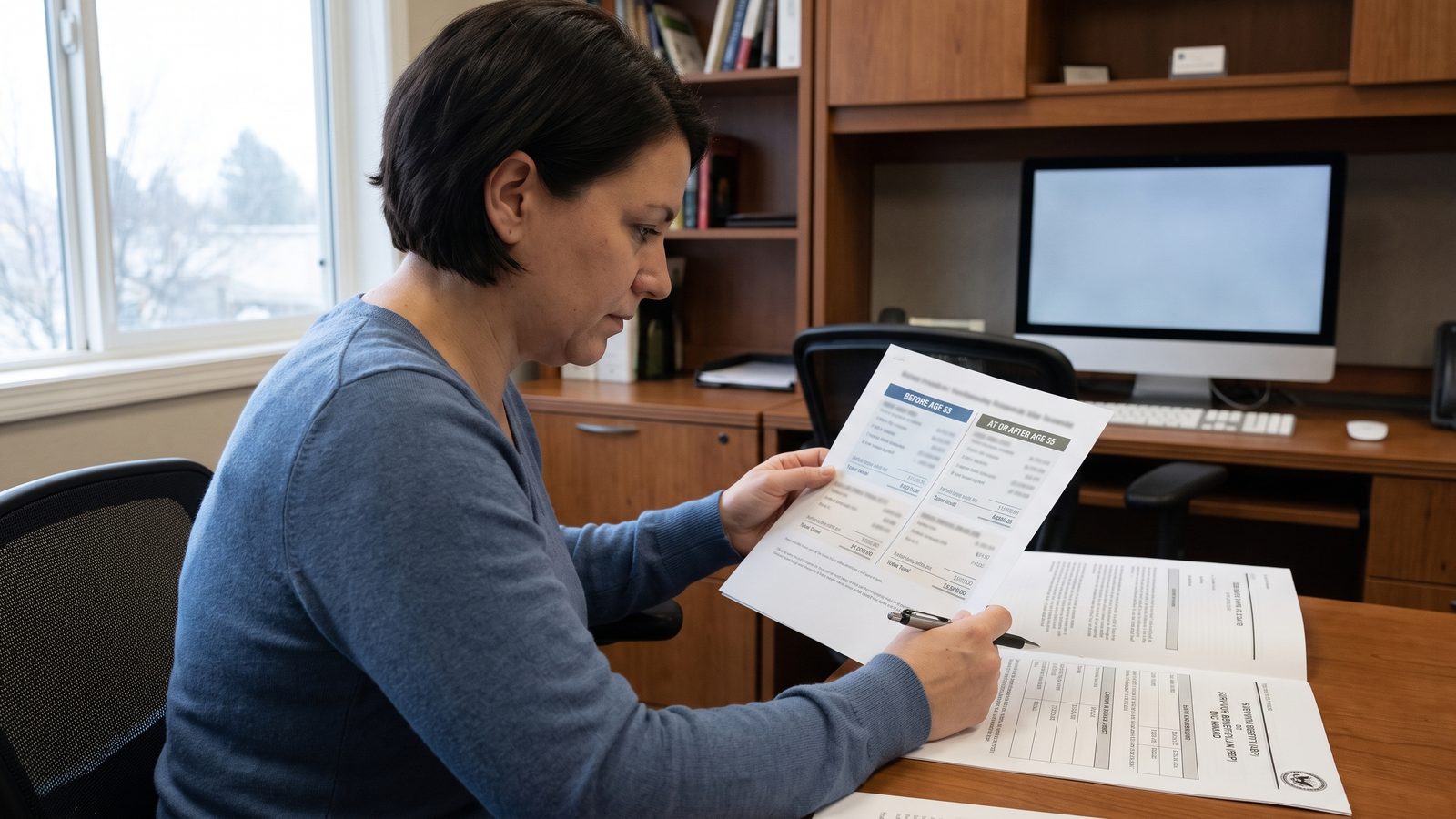 A woman at a home office desk compares a printed benefits worksheet with columns labeled before age 55 and at or after age 55