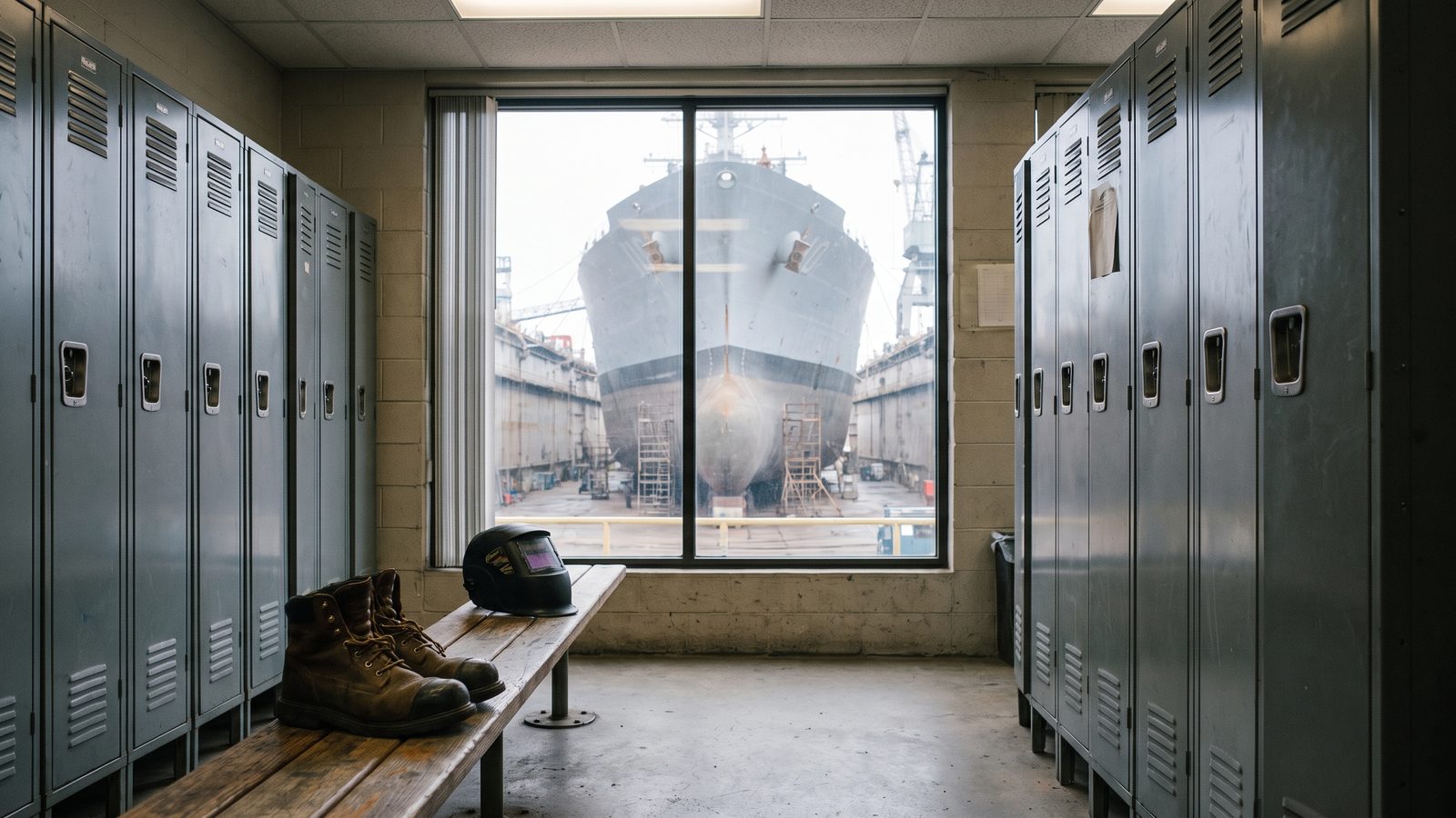 Work boots and a welding helmet on a bench between rows of metal lockers, with a gray ship in dry dock visible through the window
