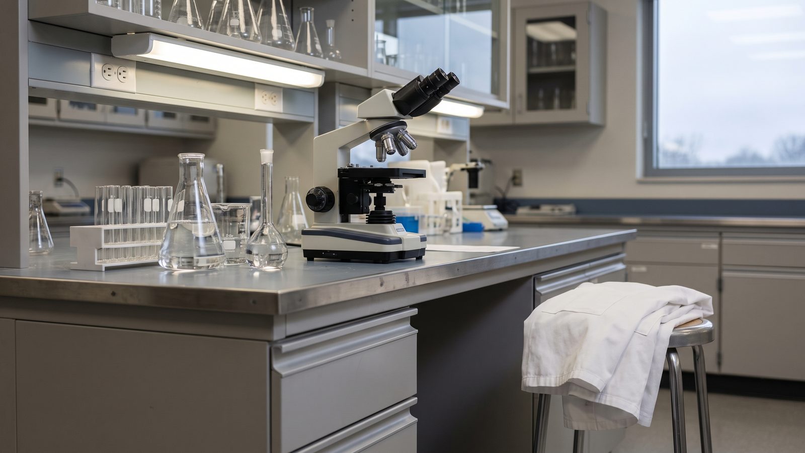 A laboratory bench with a microscope and glassware, a white lab coat folded over a stool