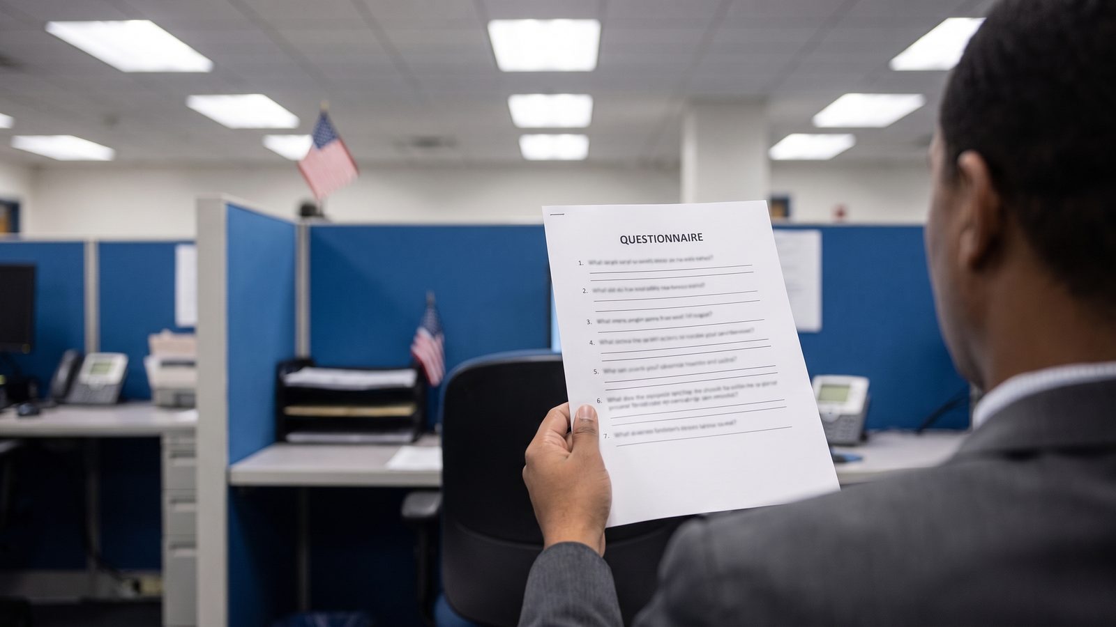 An employee seen from behind holds a printed seven-question questionnaire page in a government office with cubicles and small American flags