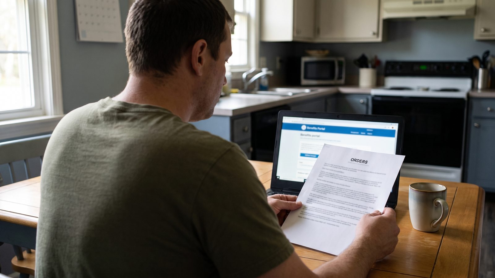 A reservist at a kitchen table seen from behind reviews printed orders beside a laptop showing a benefits portal