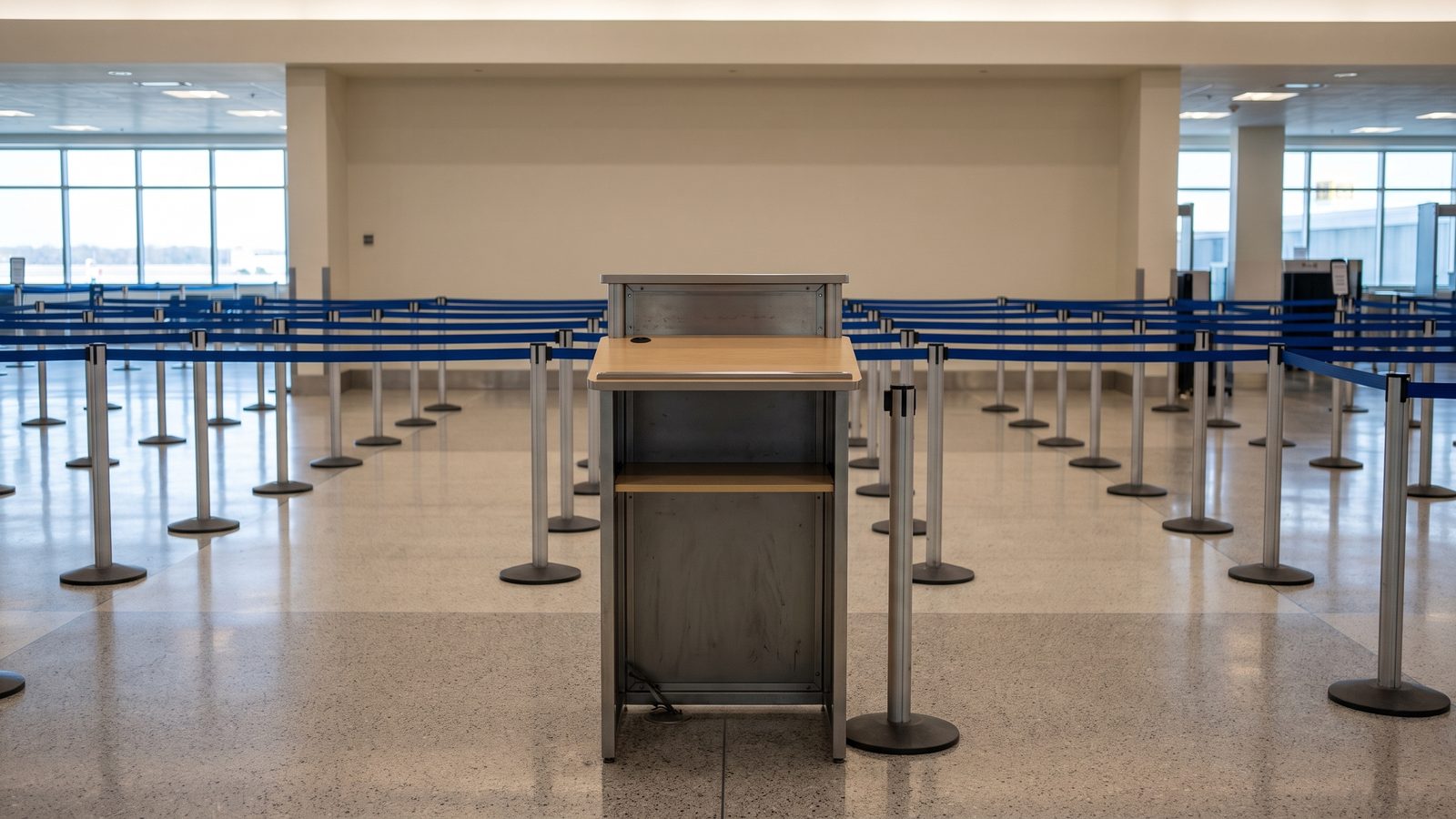 An unattended standing-height podium in front of rows of blue-belt stanchions at an empty airport security checkpoint