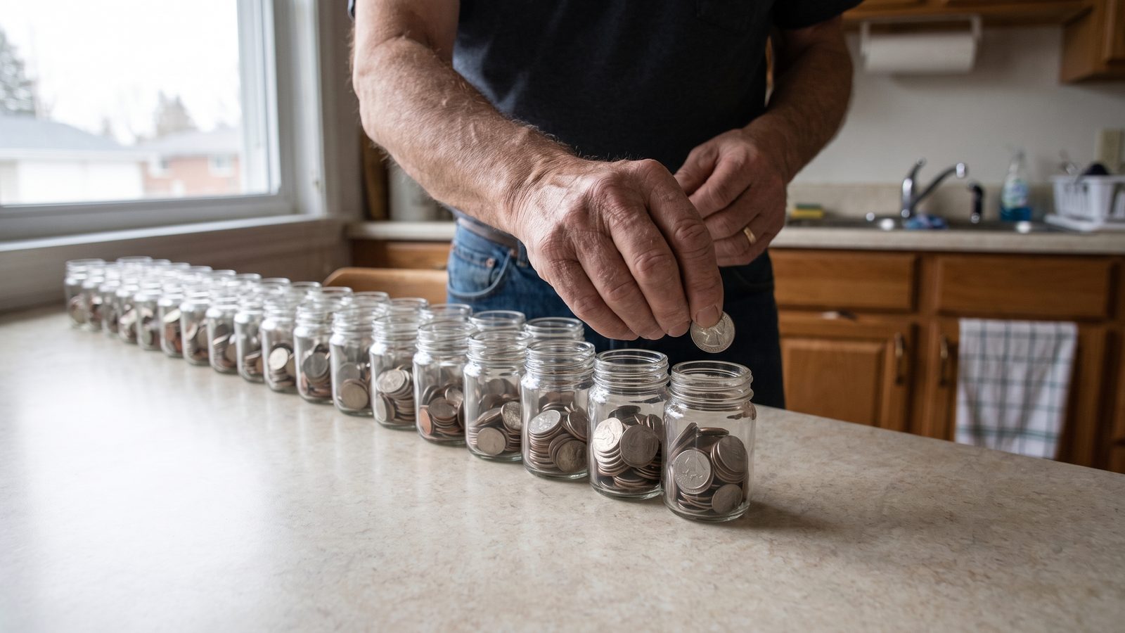 A man's hand drops a quarter into the last of a long row of glass jars of coins lined up along a kitchen counter