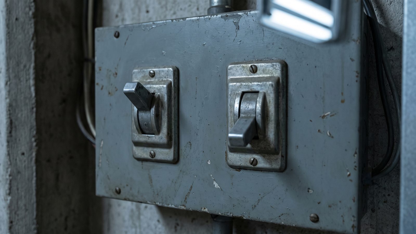 Close-up of a weathered gray metal electrical panel in a dim utility room with two old toggle switches side by side, the left one flipped up and the right one still down