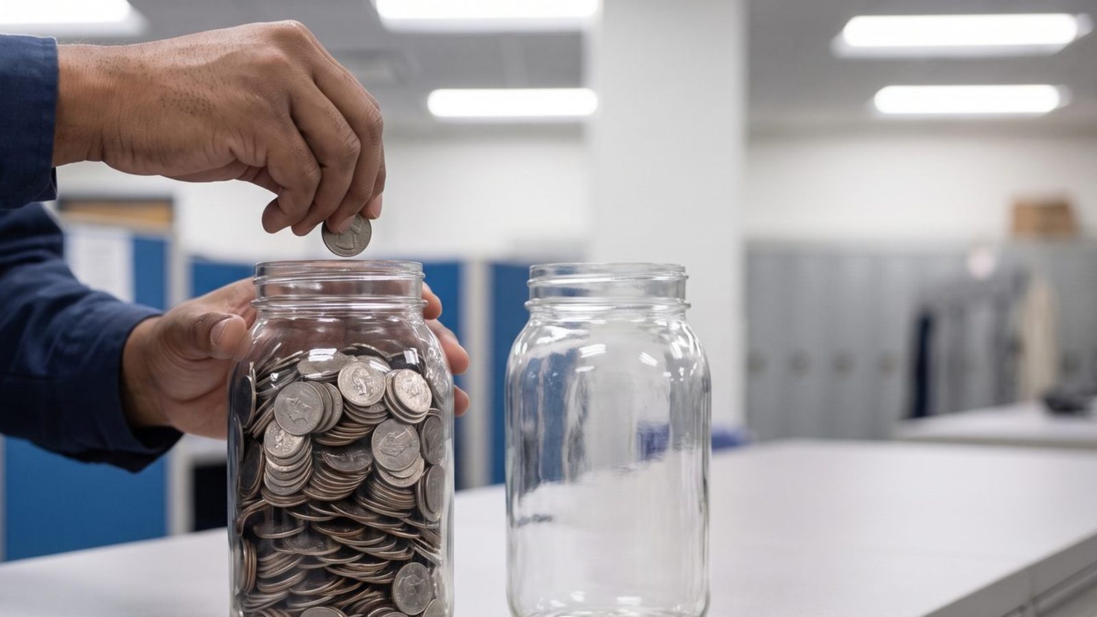 Hands dropping a coin into a glass jar of coins beside a second empty jar on an office counter