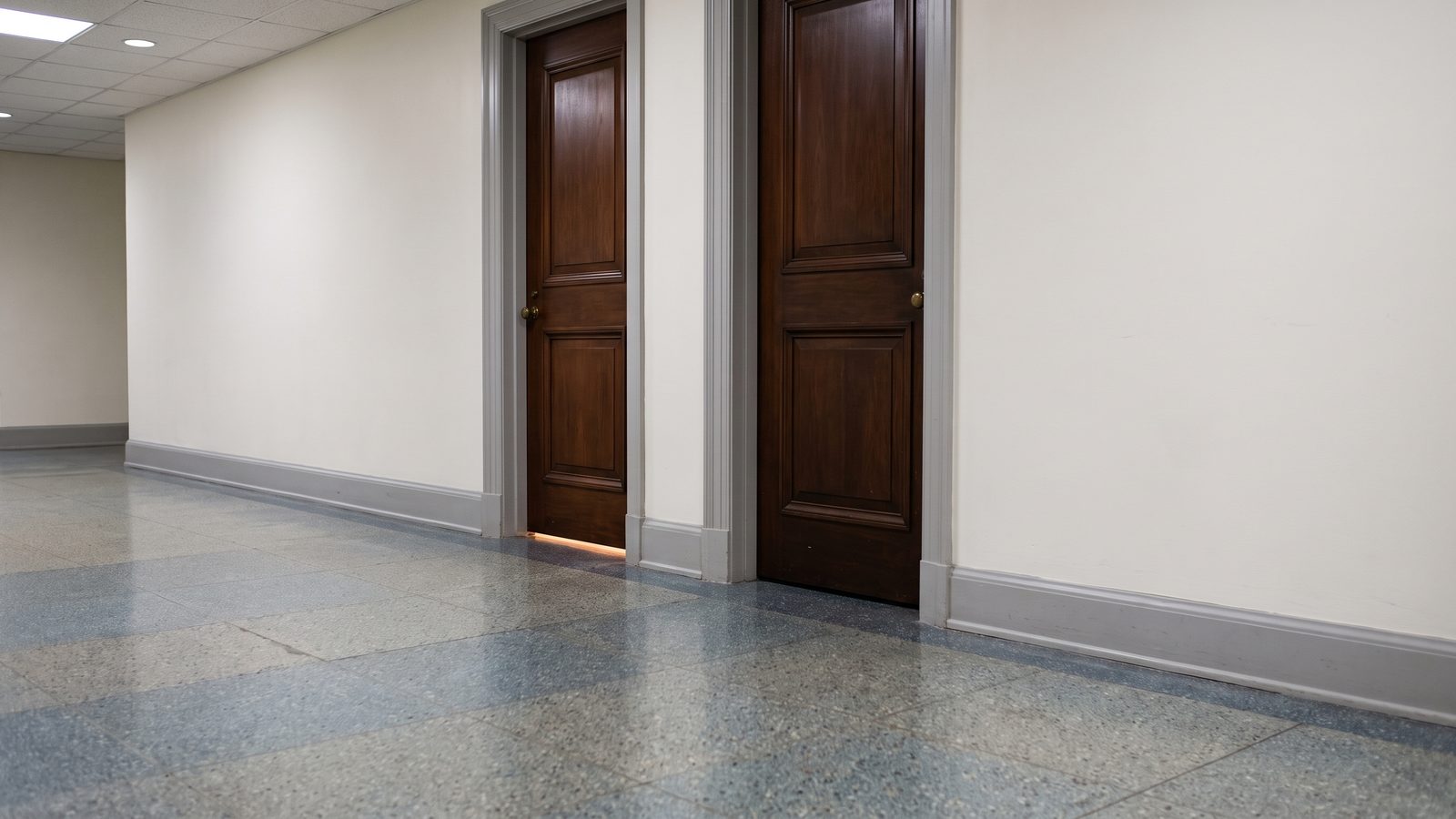 Two dark wooden doors side by side in a quiet government hallway with a terrazzo floor, the nearer door closed and the farther one slightly ajar with light underneath