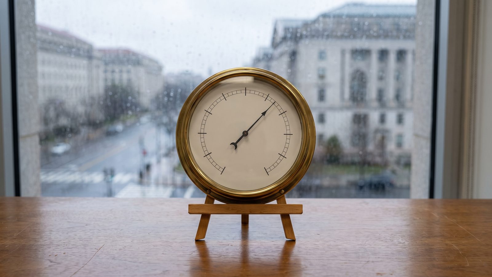 A brass-rimmed gauge with a single needle on a small wooden stand, on a desk in front of a rain-streaked window