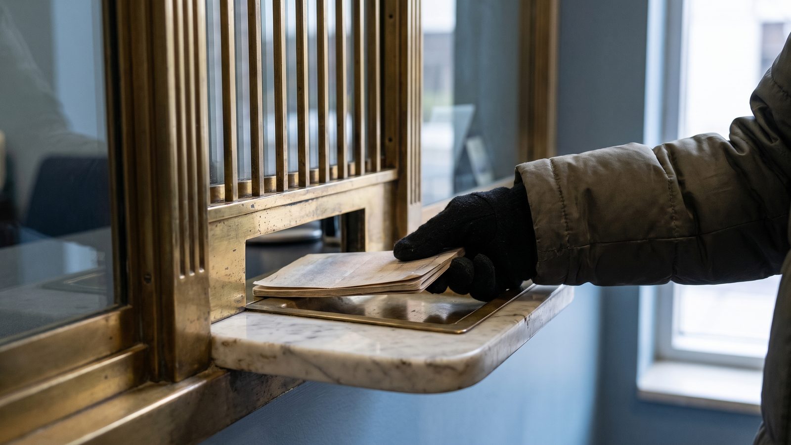 A gloved hand placing a passbook on the marble tray of a brass bank teller window