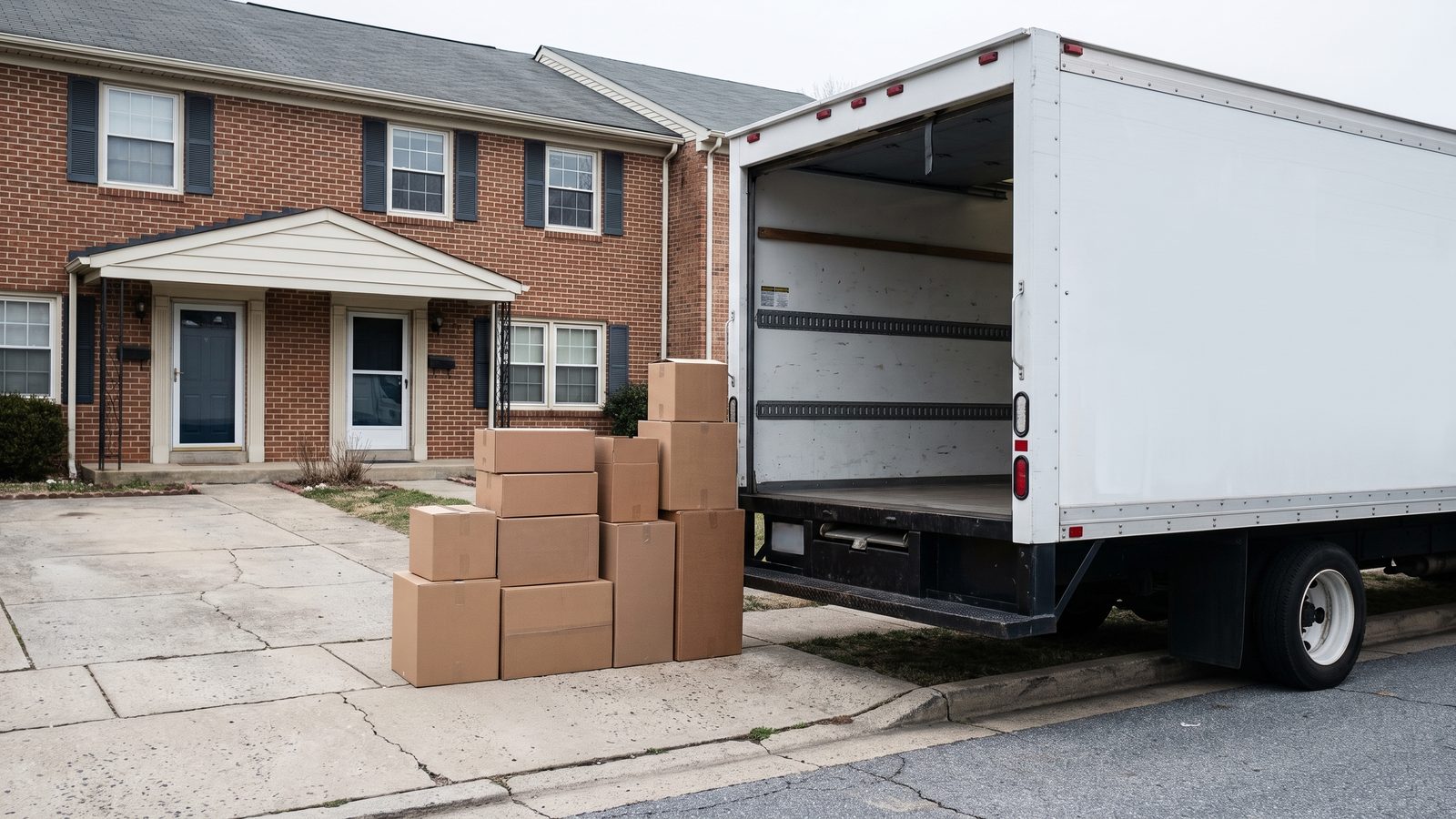 A white box truck with its rear door open beside stacked cardboard boxes in front of a brick townhouse