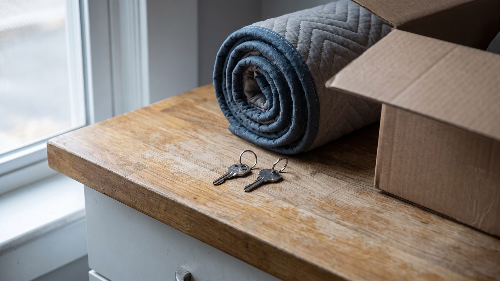 Two house keys on separate rings on a worn wooden counter beside a rolled moving blanket and an open cardboard box
