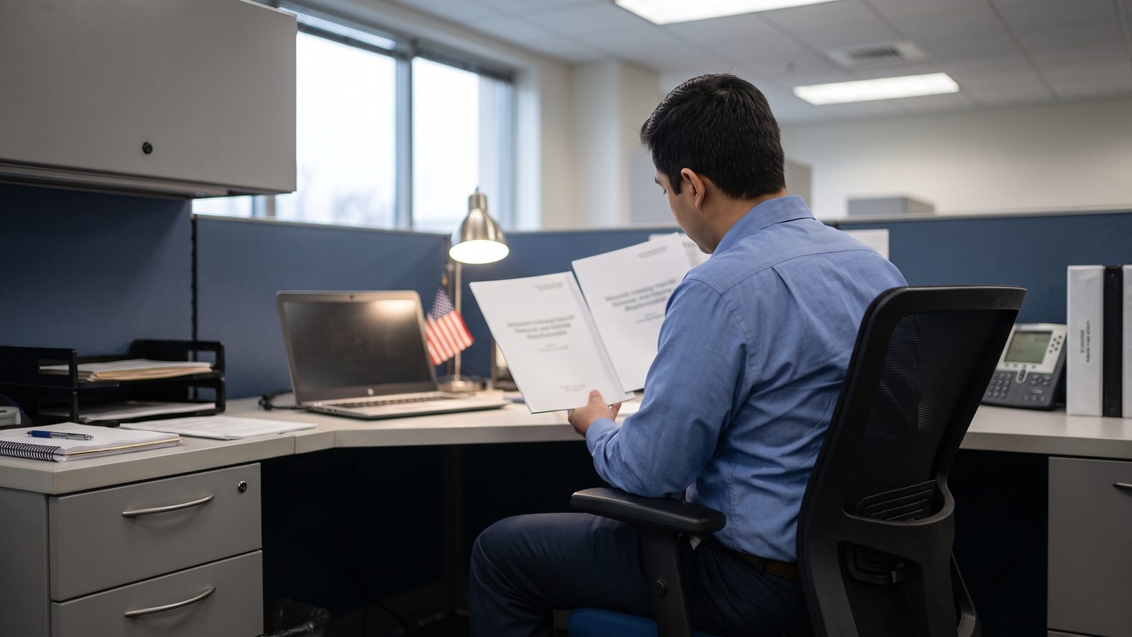 An office employee seen from behind reviews two printed workforce reports at a desk with a small American flag and a desk lamp