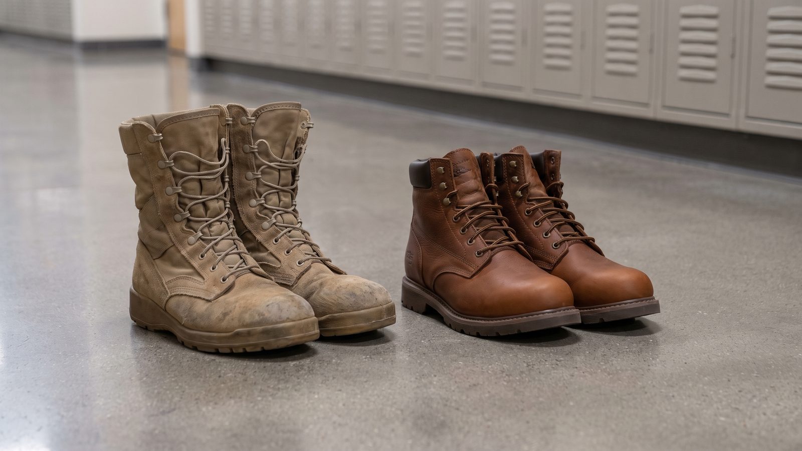 A worn pair of tan desert combat boots beside a new pair of brown leather work boots on a polished community-college hallway floor, gray lockers out of focus behind them
