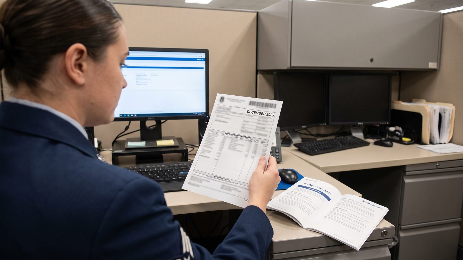 A service member at an office workstation reviews a printed December 2025 Leave and Earnings Statement beside an open myPay user guide