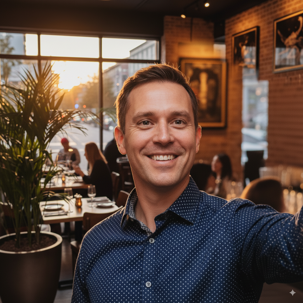 Before sample of a man taking a selfie in a restaurant
