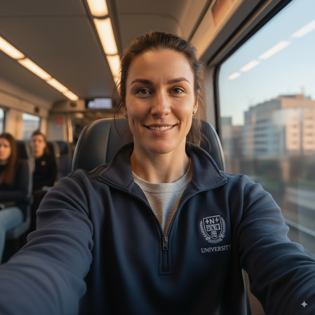 Before sample of a woman taking a selfie on a train